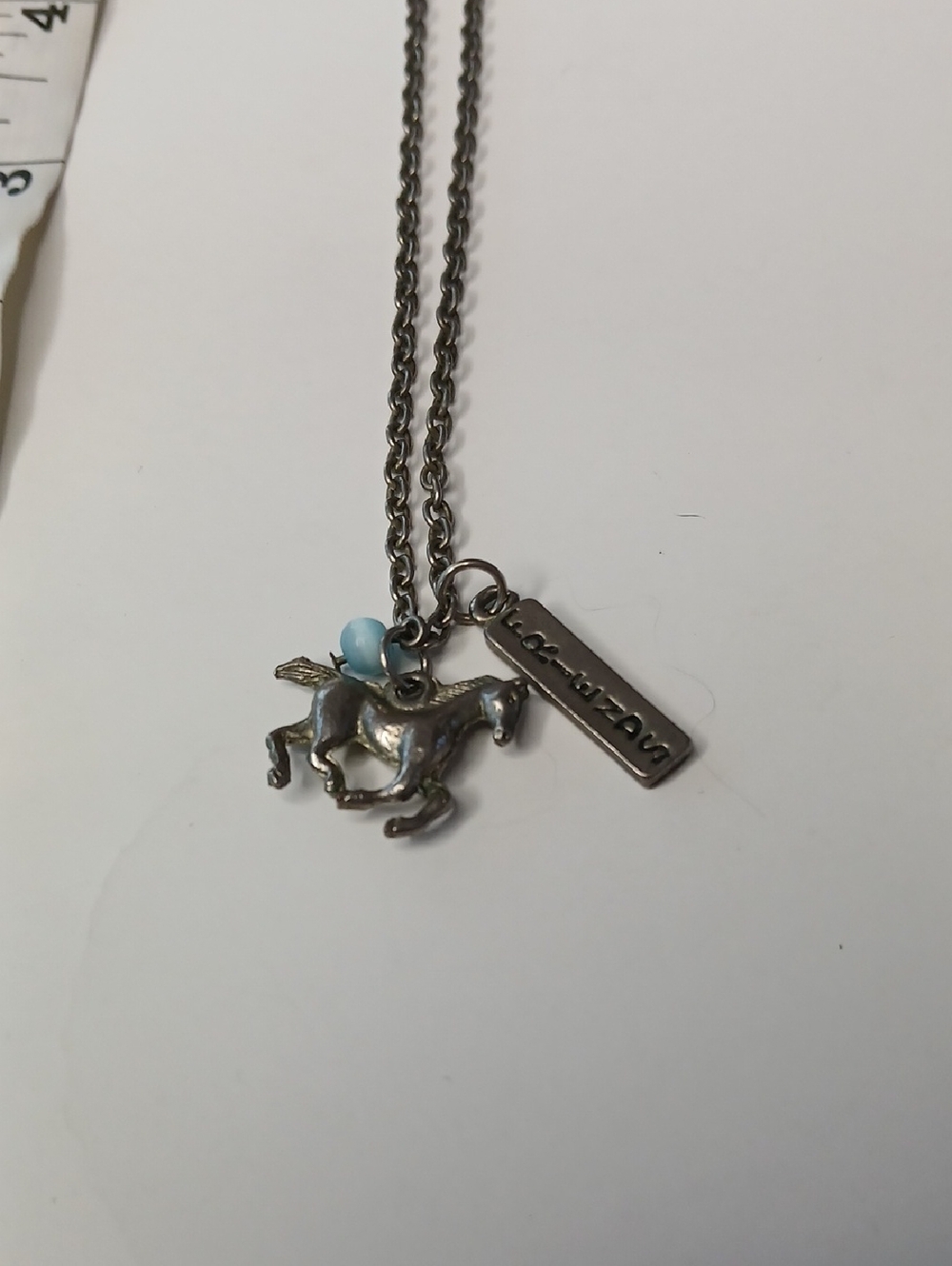 Vintage Silver Toned Horse Pendant Necklace with Light Blue Bead & "Friends" Tag